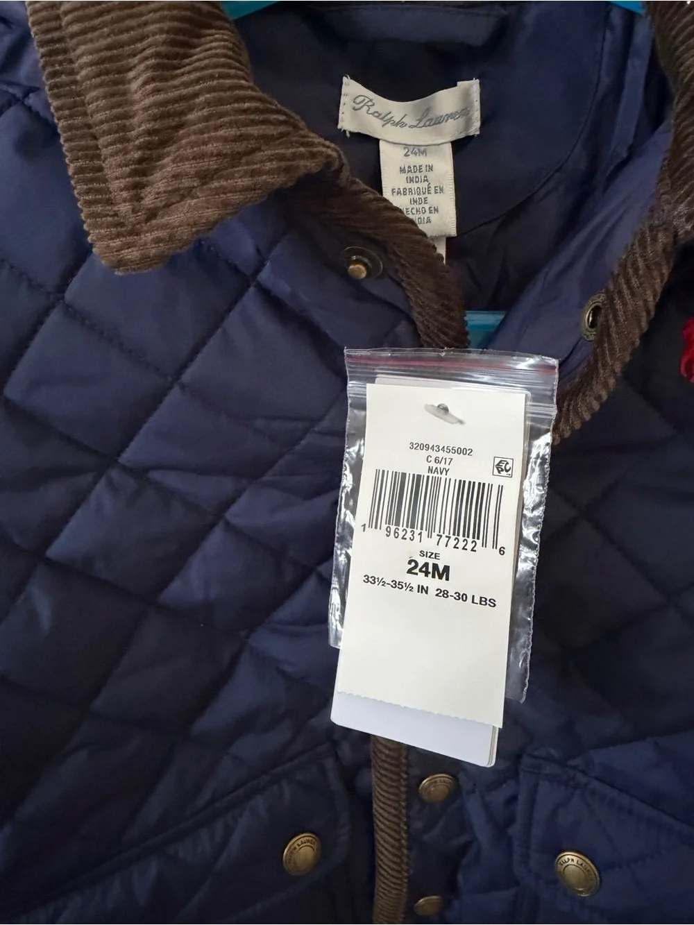 NWT - Ralph Lauren Navy Quilted Puffer Jacket with Brown Trim